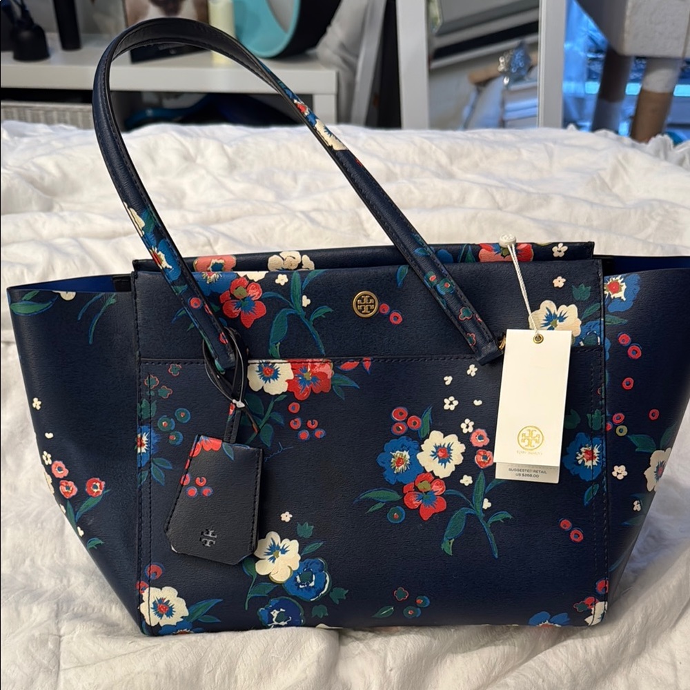 Tory Burch Floral Navy Tote Bag